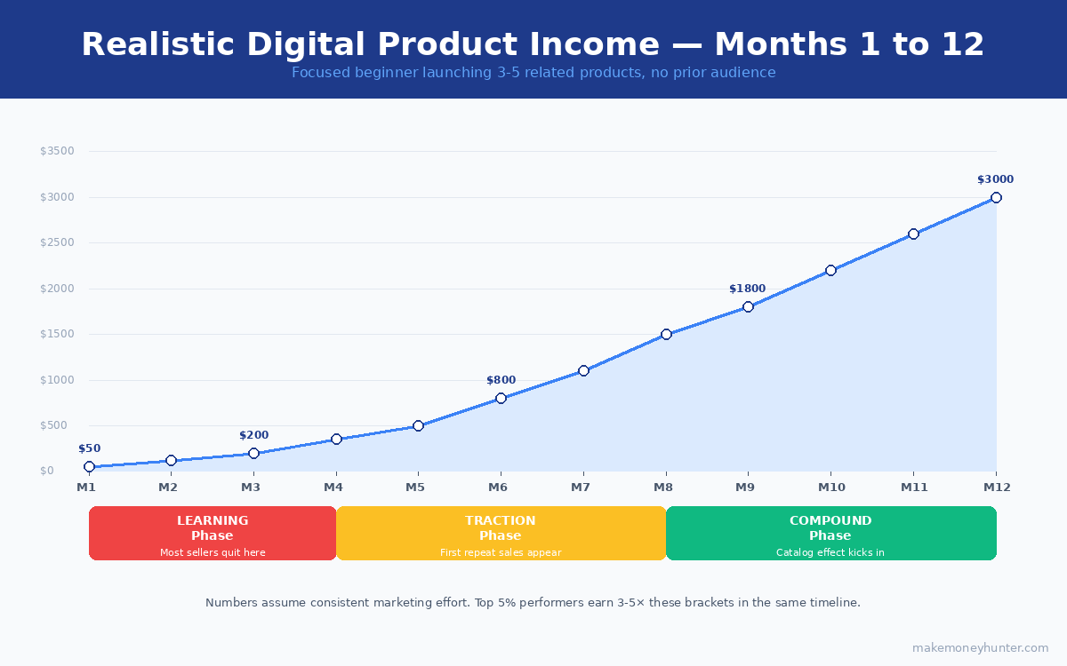 Realistic digital product income curve from month 1 to month 12 showing learning traction and compound phases