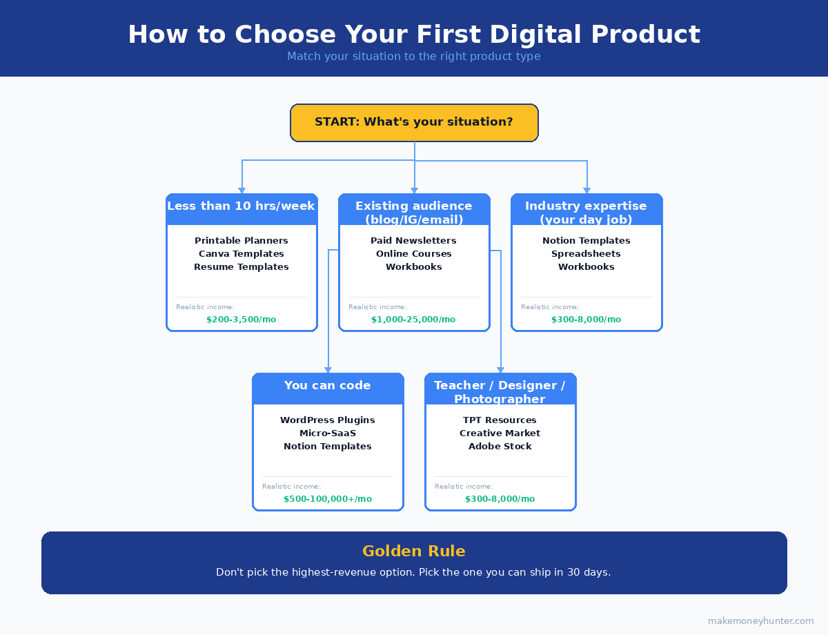 Decision flowchart for choosing your first digital product to sell online matched to your situation