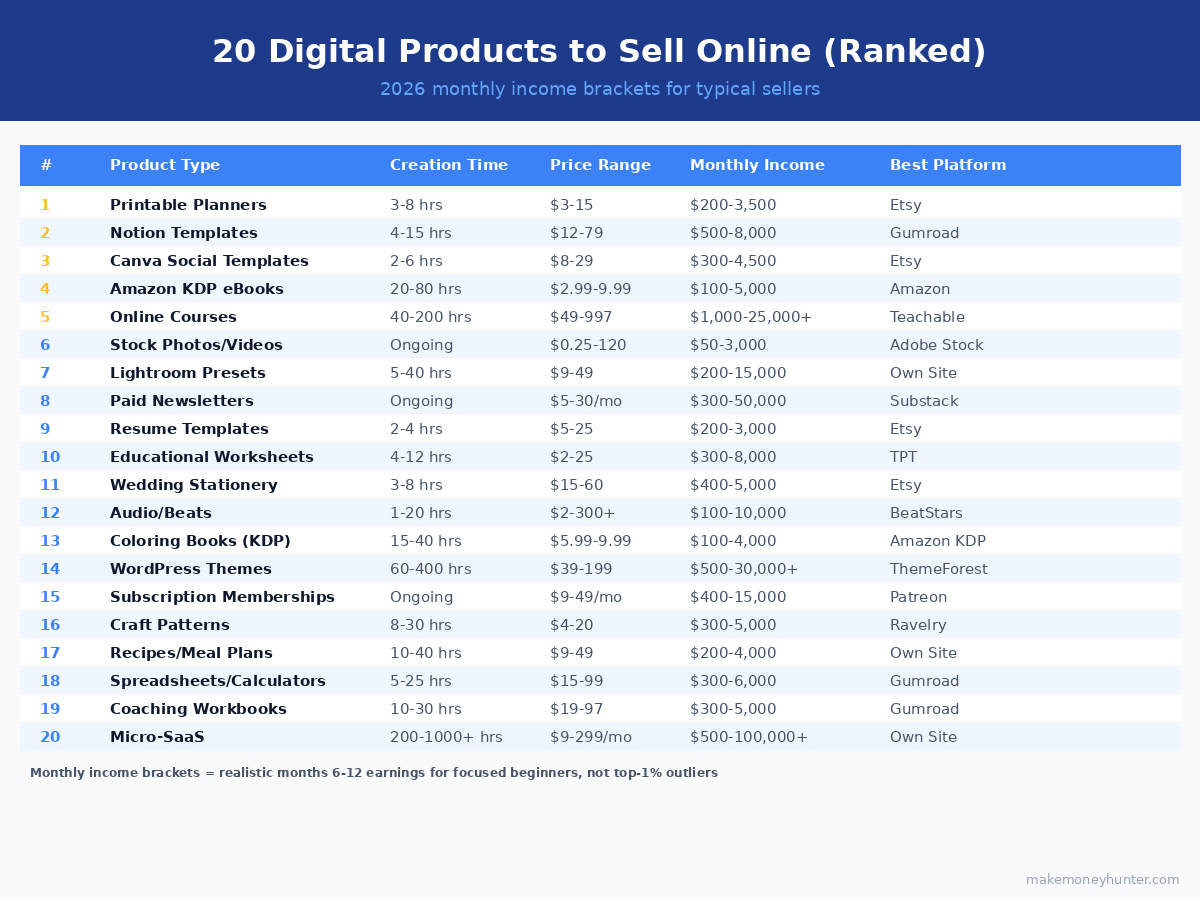 20 digital products to sell online ranked by earning potential 2026 with creation time, price, monthly income and best platform