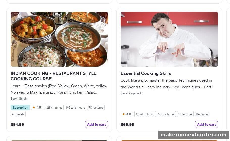 Udemy cooking courses listing showing Indian cooking course at $94.99 and Essential Cooking Skills course at $69.99 with ratings and lecture counts