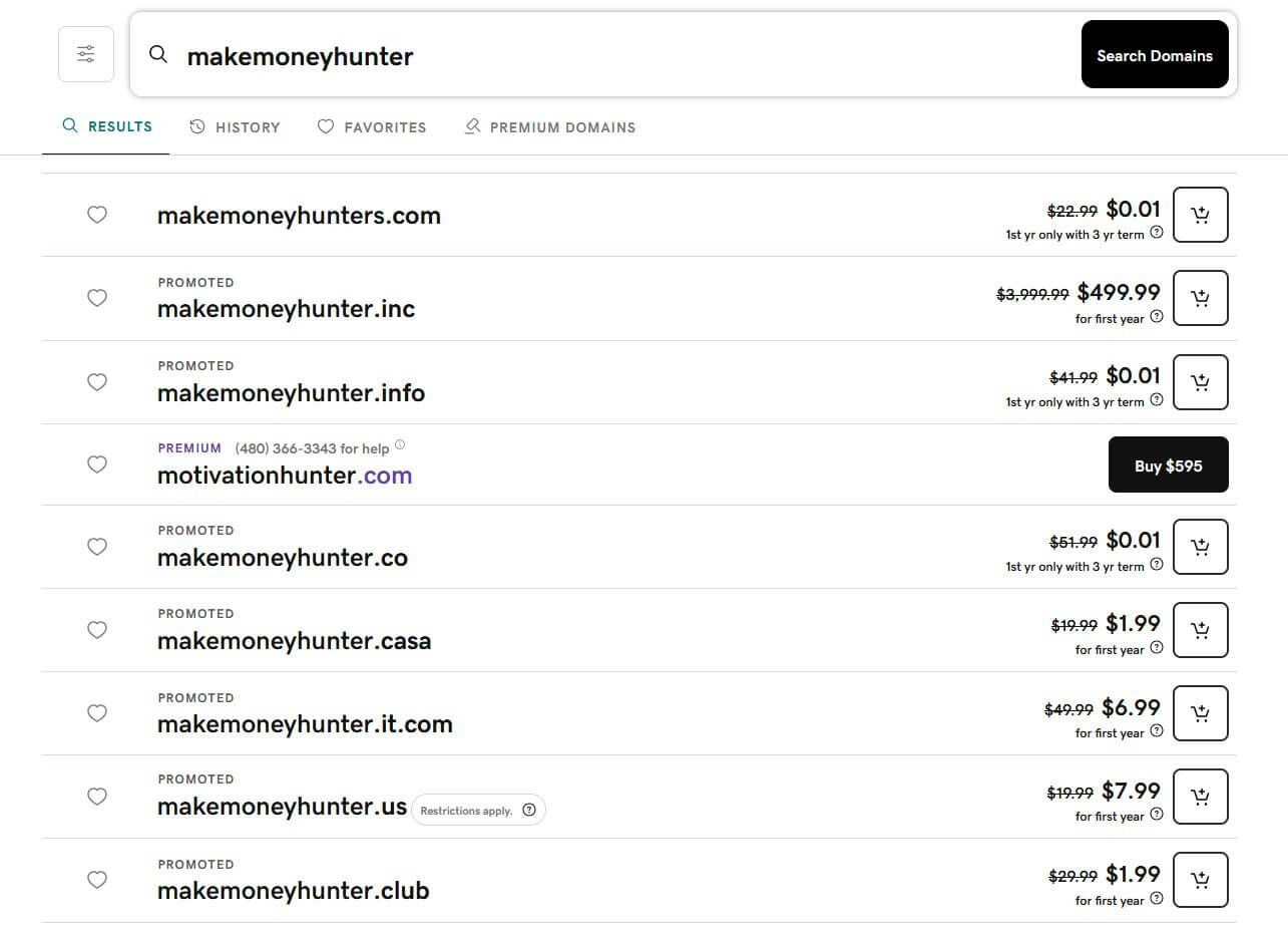 Domain name registrar search results showing makemoneyhunter availability and pricing across .com, .info, .co, .casa and other extensions in 2026