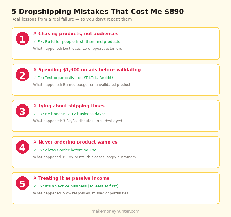 Infographic showing 5 common dropshipping mistakes with solutions, based on real experience