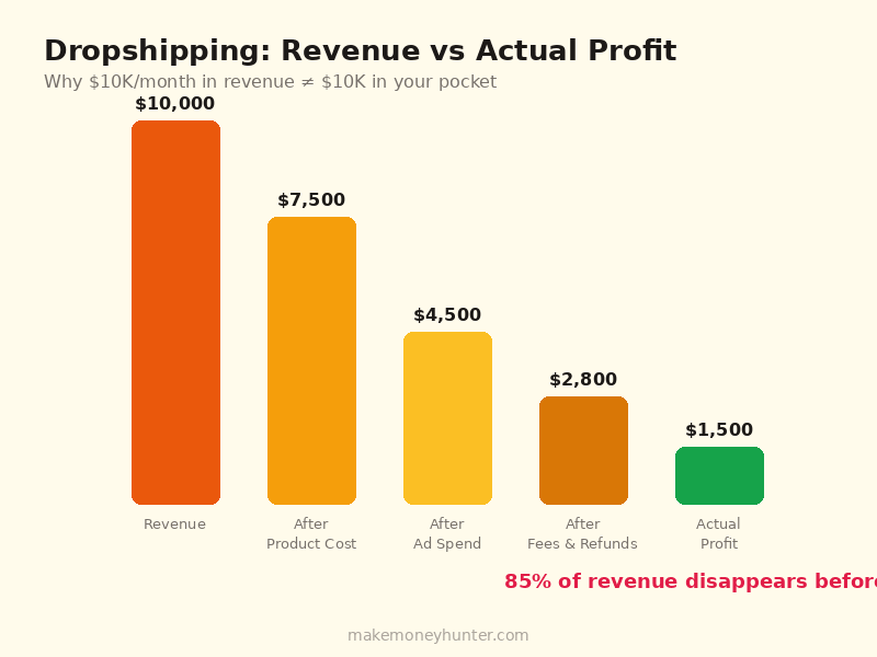 Dropshipping revenue vs profit breakdown chart showing the difference between gross revenue and actual take-home profit in 2026