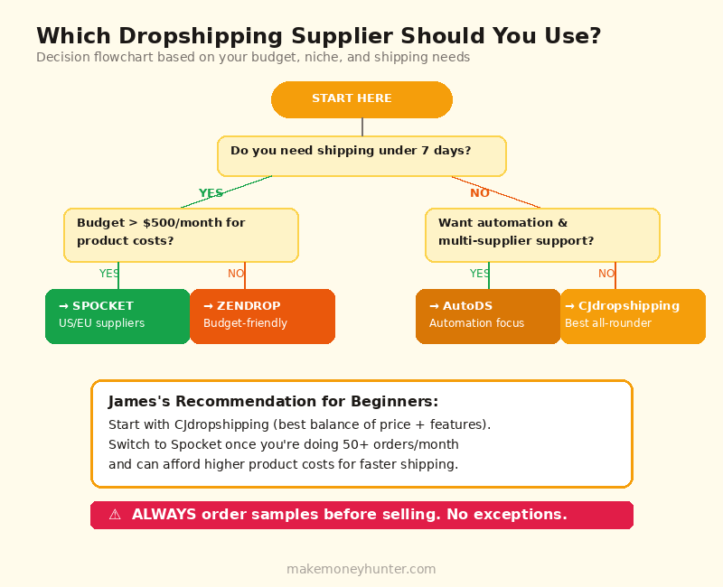 Decision flowchart for choosing the right dropshipping supplier based on shipping speed, budget, and niche requirements