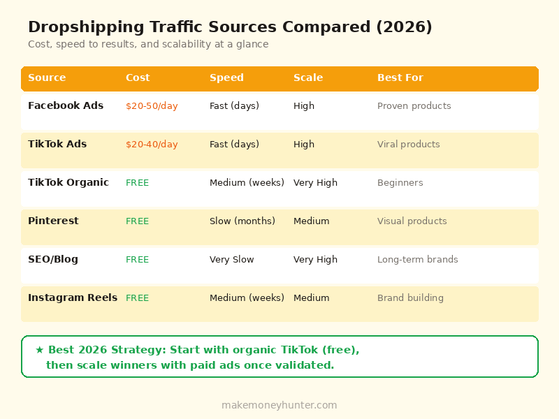 Comparison chart of dropshipping traffic sources in 2026 showing cost, speed, and scalability of Facebook ads, TikTok organic, Pinterest, and SEO