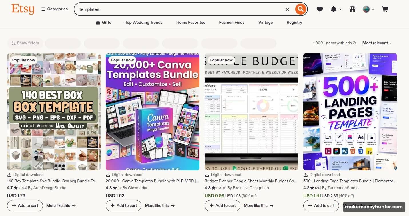 Etsy templates search results showing digital downloads from Canva bundles to budget planner Google Sheets with thousands of reviews