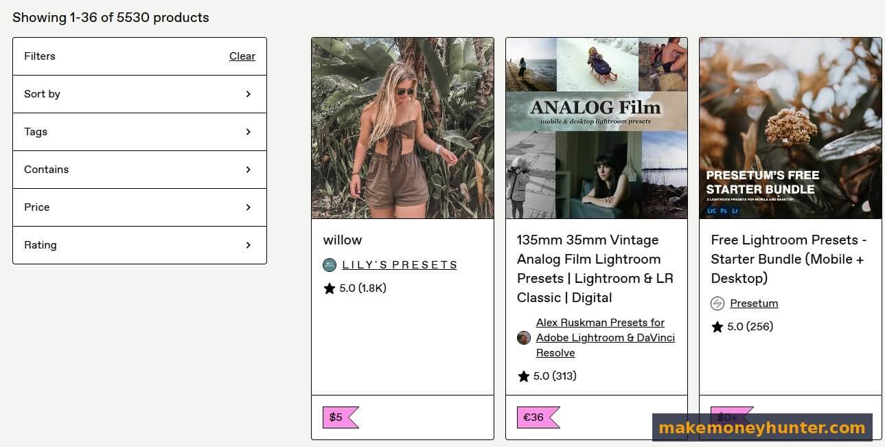 Etsy marketplace showing over 5500 Lightroom presets digital products with prices from free to 36 euros and 1800+ reviews on bestsellers