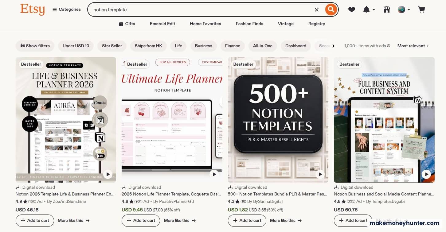 Etsy notion template search results showing bestseller digital products from $1.82 to $60.76