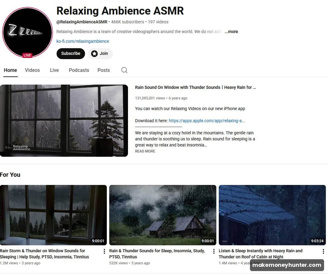 Faceless YouTube ASMR channel with 466K subscribers and 131 million views on a single rain sounds video