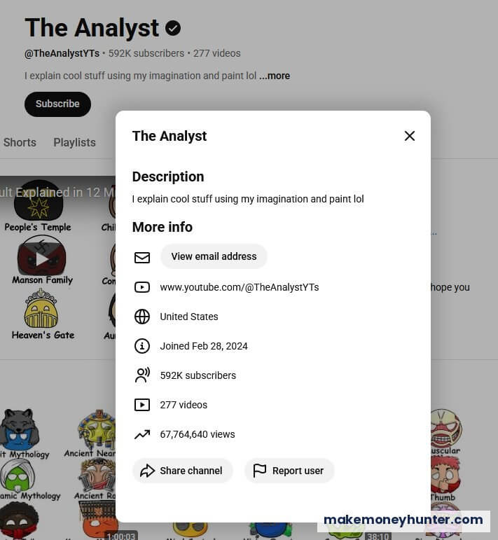 The Analyst YouTube channel statistics 592K subscribers 277 videos 67 million views