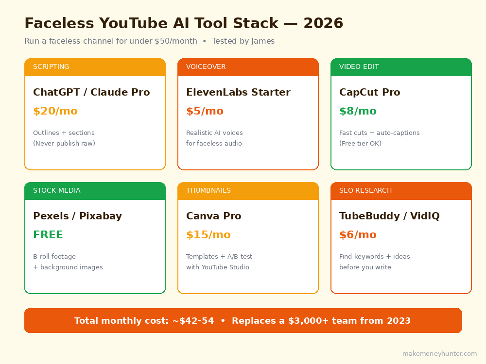 Faceless YouTube AI tool stack 2026 showing ChatGPT ElevenLabs CapCut VidIQ and Canva with monthly costs and production stage