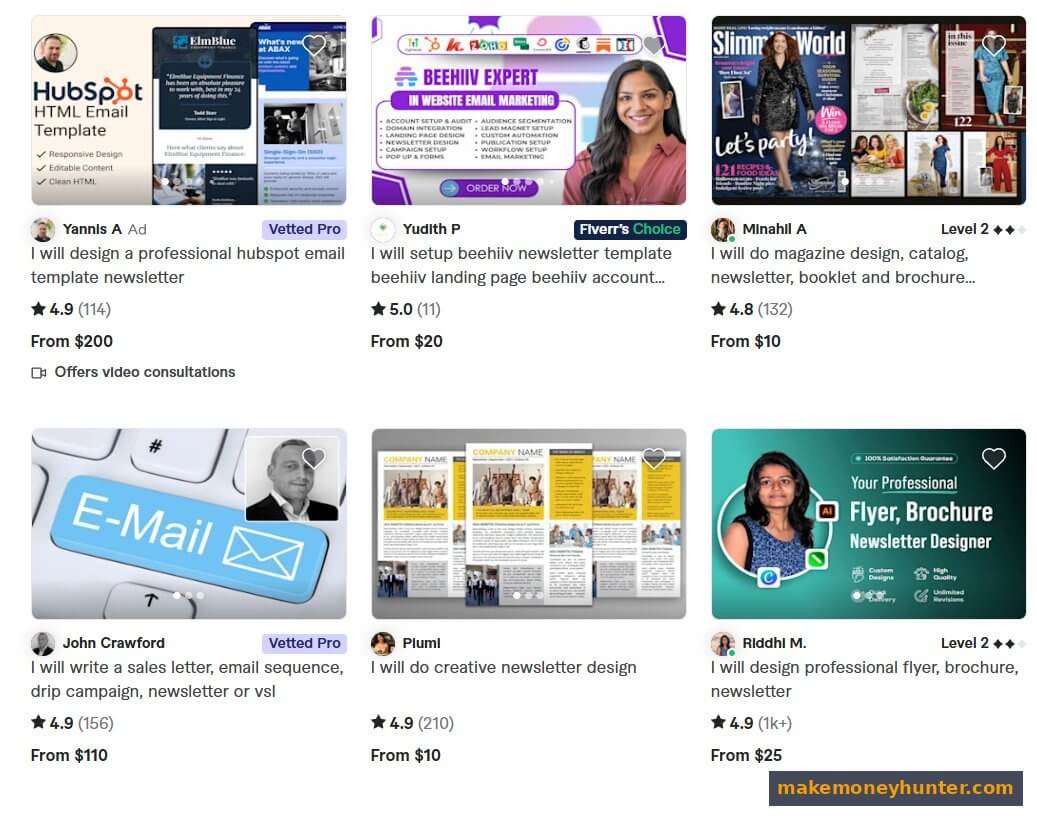 Fiverr search results showing freelance newsletter and email template design gigs ranging from $10 to $200 with 4.8-5.0 star ratings