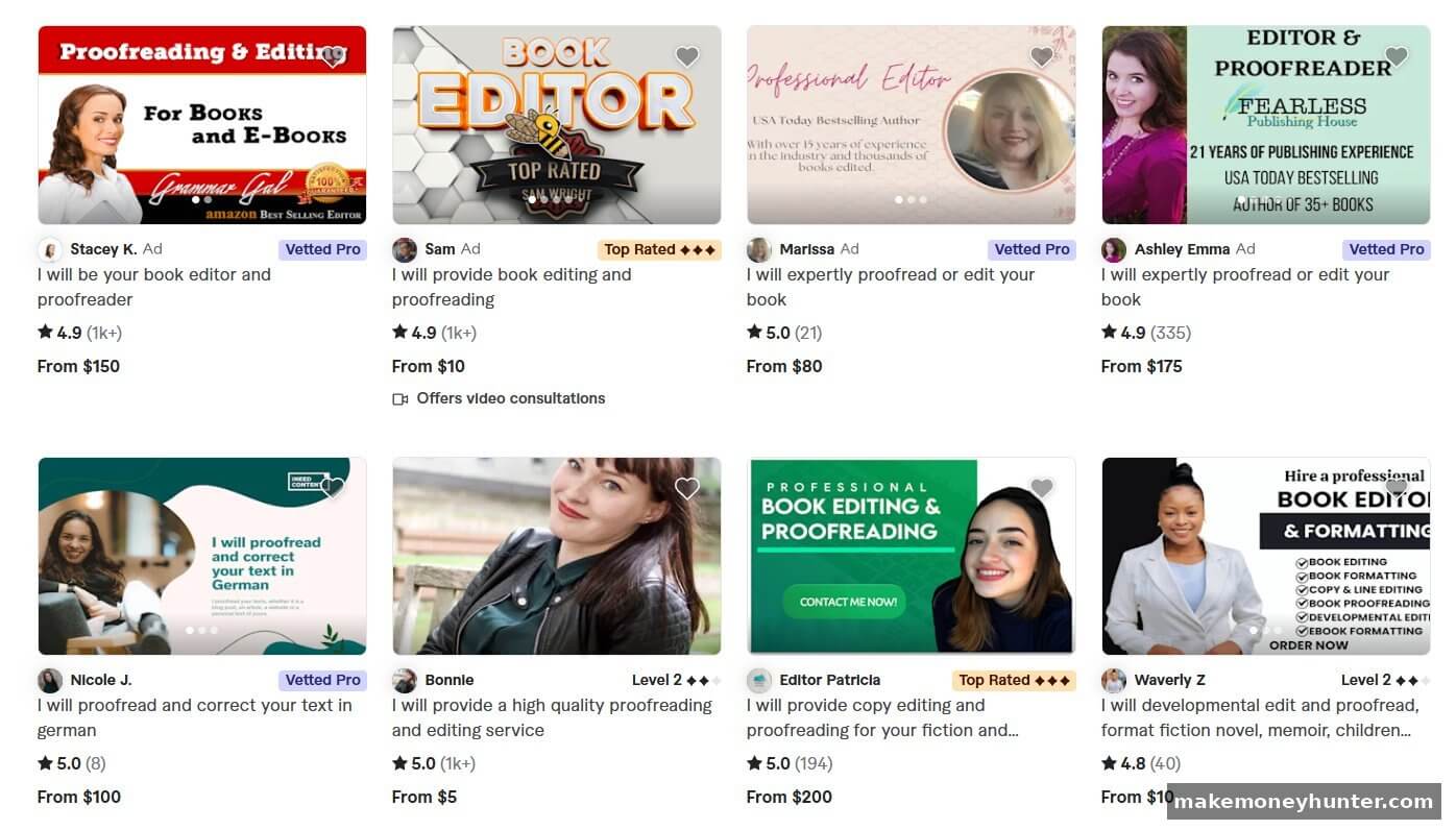Fiverr proofreading services showing pricing range from $5 to $200 with seller ratings and specializations