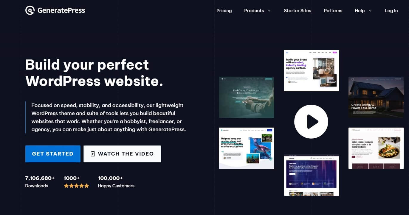 GeneratePress WordPress theme homepage showing 7,106,680+ downloads, 1000+ five-star reviews, and 100,000+ happy customers with sample website designs