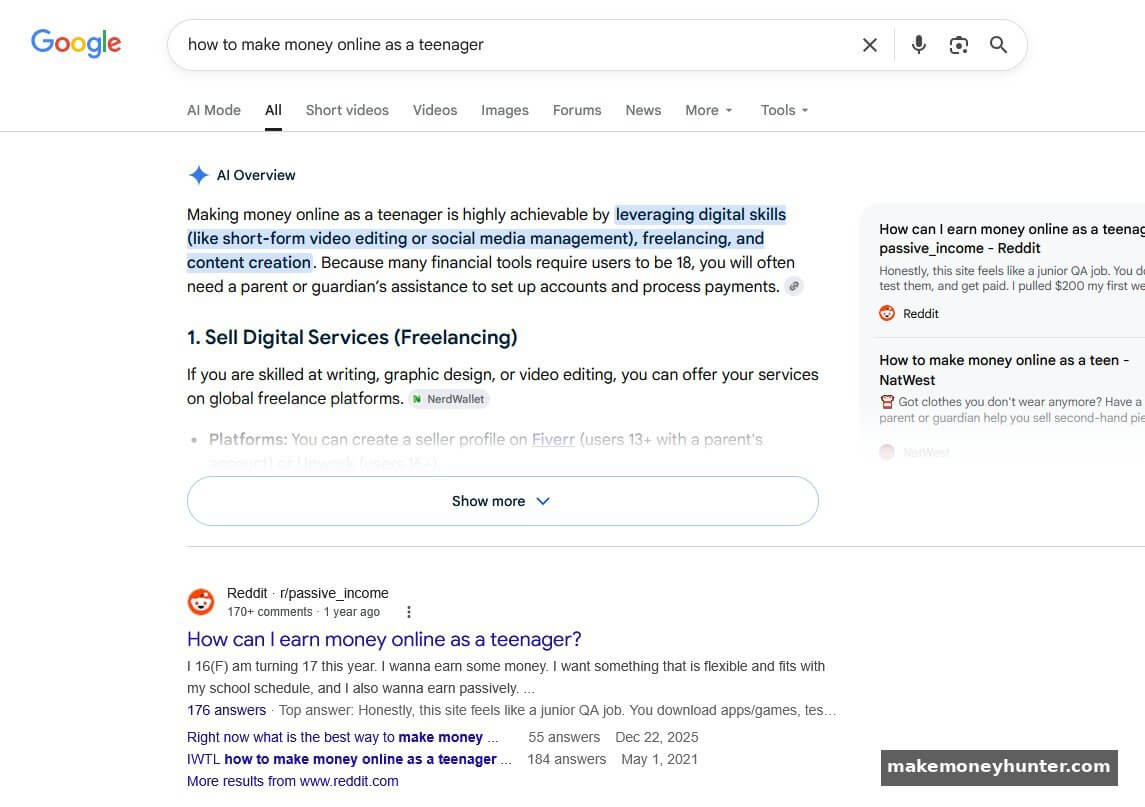 Google SERP with AI Overview block at the top followed by Reddit r/passive_income thread for teenager money question