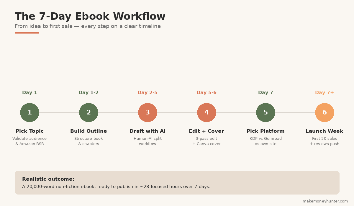The 7-day workflow showing how to create and sell an ebook from topic validation to launch week sales in 2026
