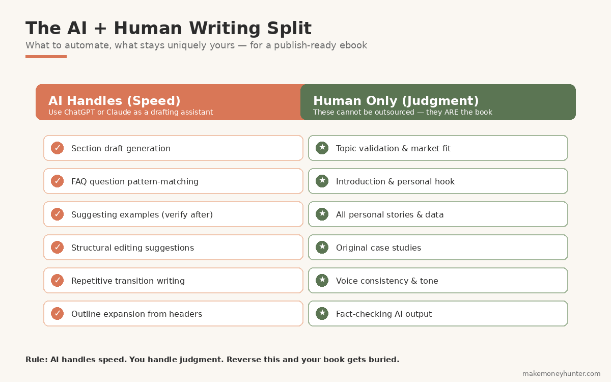 The AI plus Human writing split for ebooks showing what tasks to automate with ChatGPT and what tasks must stay human-only