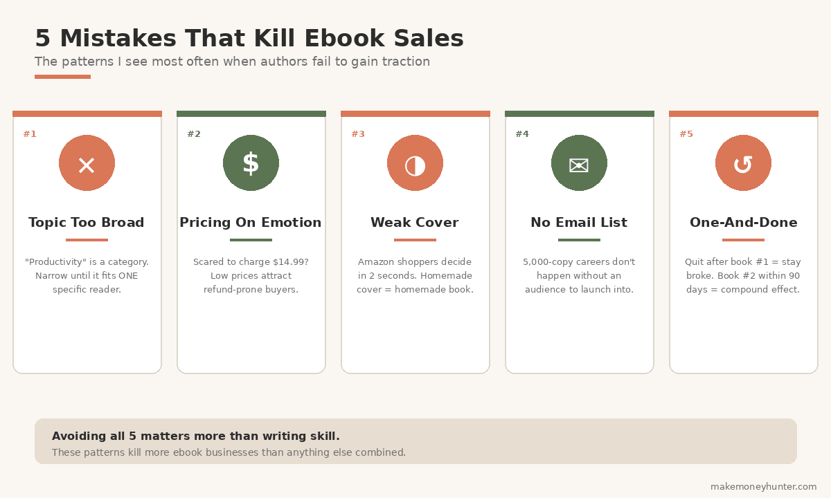 5 mistakes that kill ebook sales infographic showing topic too broad pricing on emotion weak cover no email list and one-and-done as the key failure patterns
