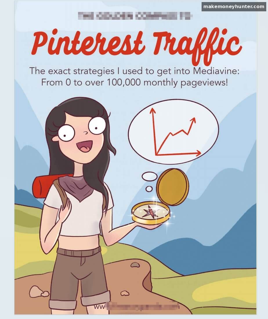 Example of a well-designed ebook cover featuring an illustrated character holding a compass with the title Pinterest Traffic and a specific income outcome promise