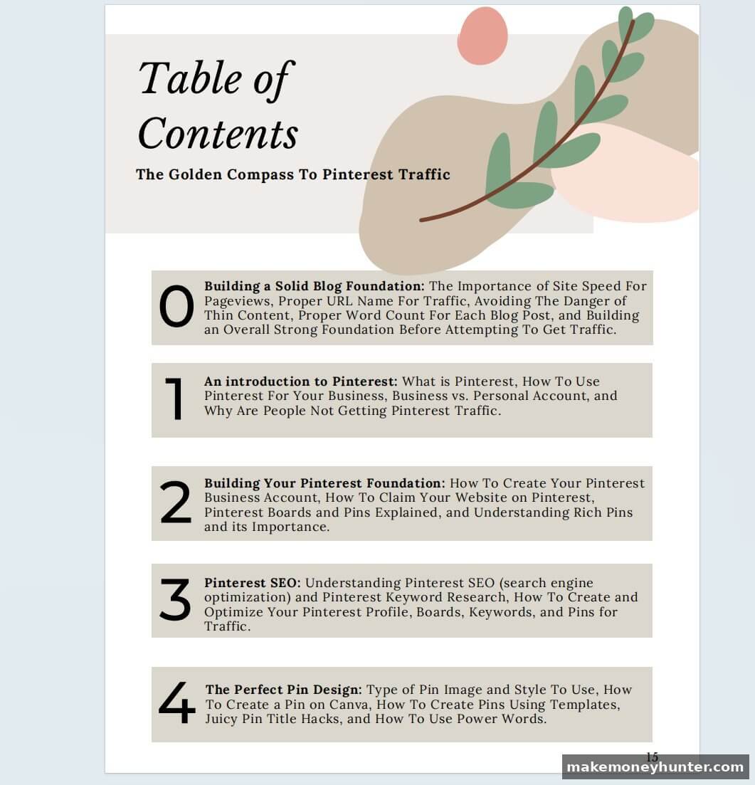 Example of a well-designed ebook table of contents page showing five clearly labeled sections covering blog foundation Pinterest setup SEO and pin design