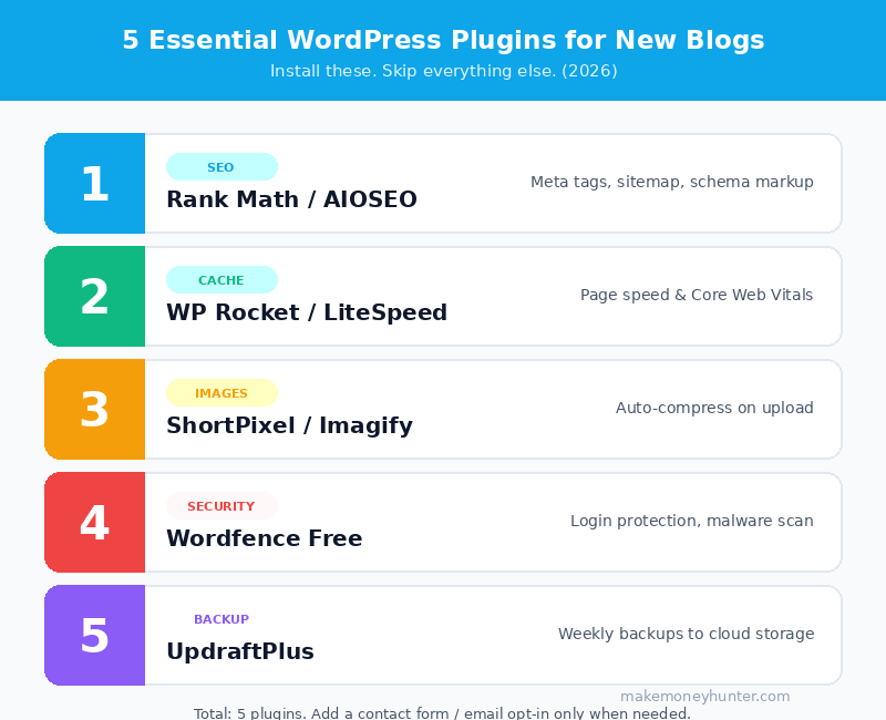 The five essential WordPress plugins for a new blog in 2026 organized by category: SEO, caching, image optimization, security, and backups