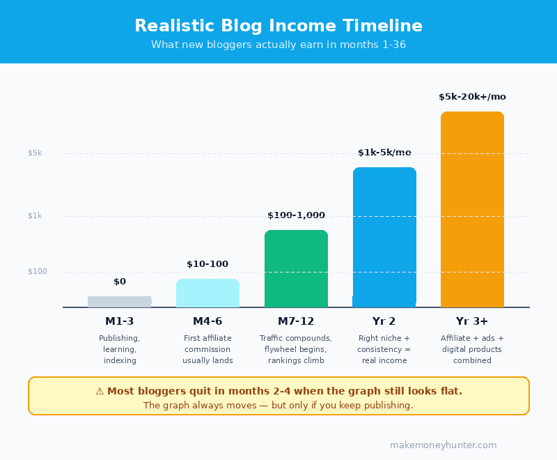 Realistic income timeline showing typical blog earnings from month 1 to year 3, with most growth happening after month 8