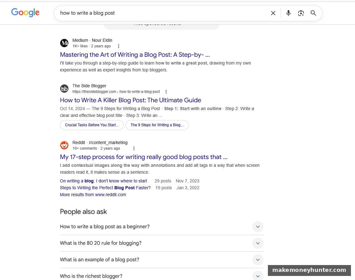Google SERP analysis for how to write a blog post showing the top organic results and People Also Ask box