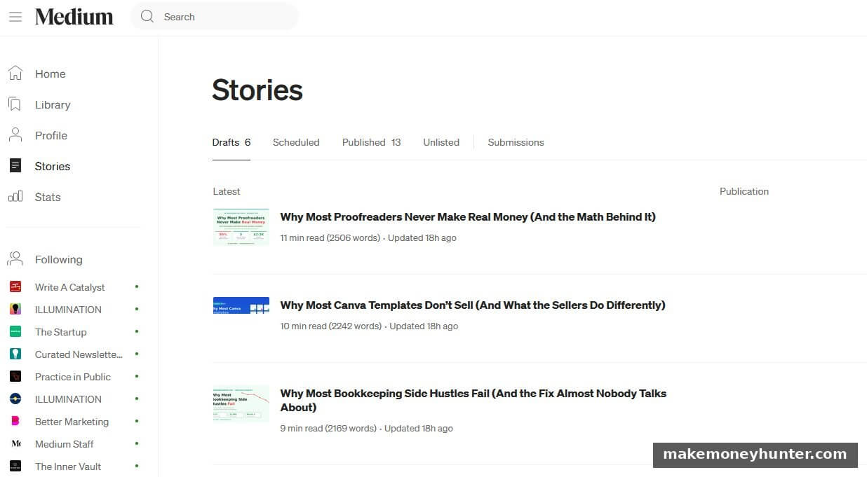 Medium Stories dashboard showing multiple article drafts in progress for distribution alongside the main blog
