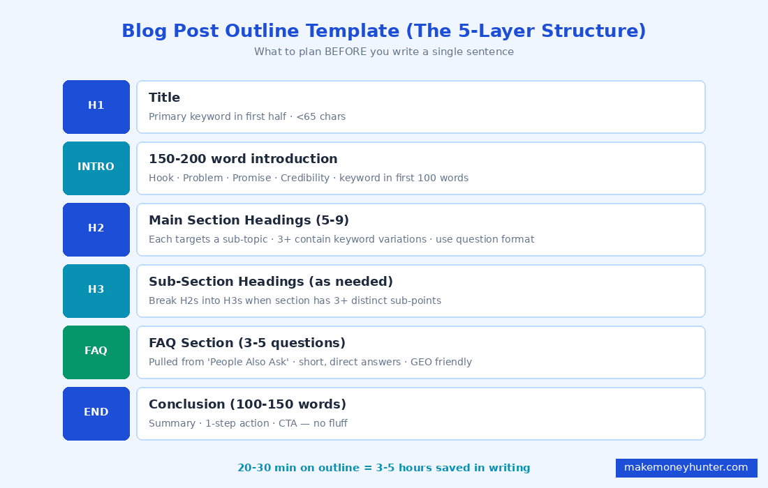 Blog post outline template showing the H1, intro, H2 sections, H3 sub-sections, FAQ, and conclusion layered structure