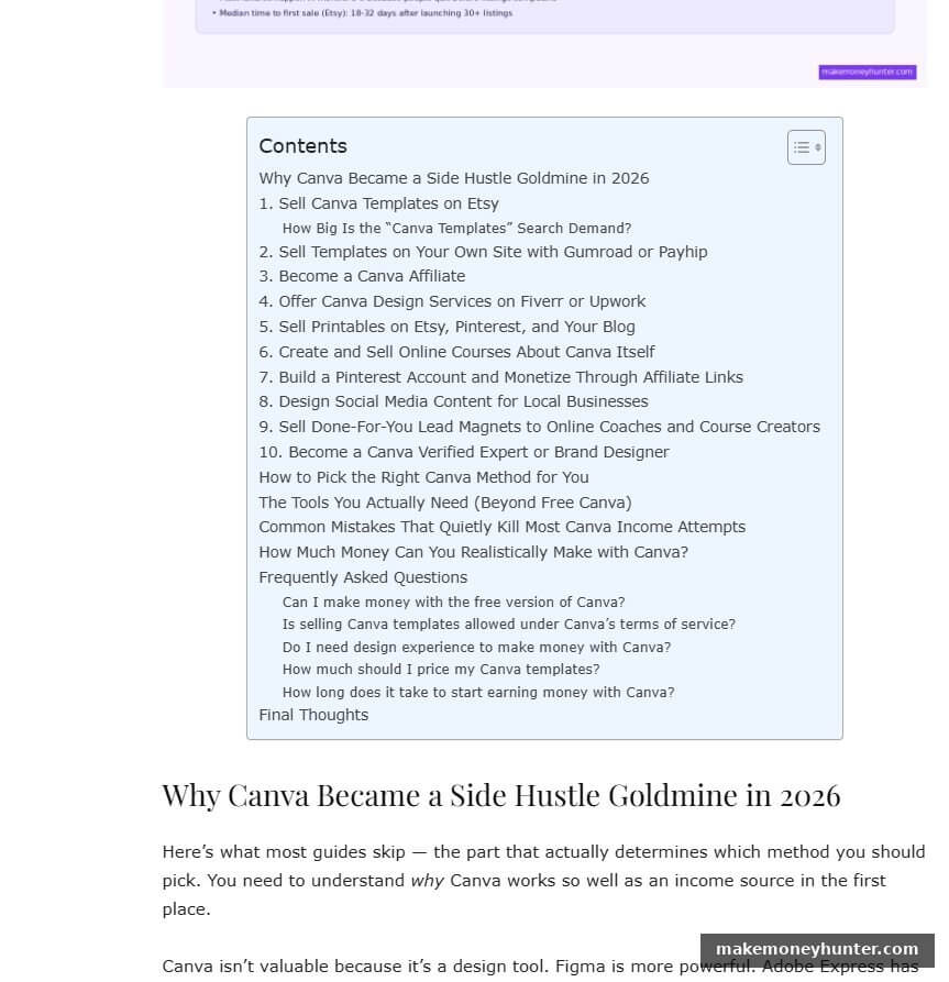 Example of an auto-generated table of contents on a blog post showing H2 main sections and H3 sub-questions