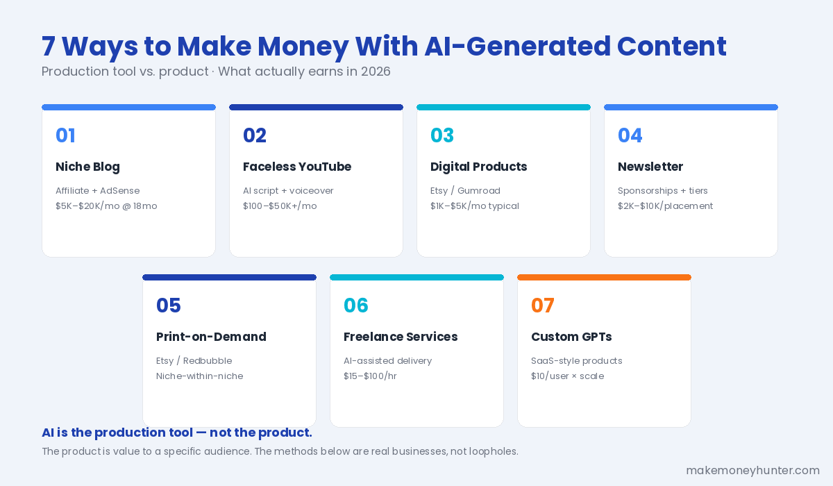 How to make money with AI generated content in 2026 overview infographic