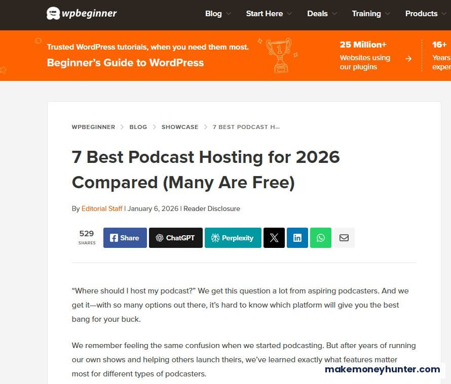 Niche affiliate blog example showing 7 Best Podcast Hosting article on WPBeginner