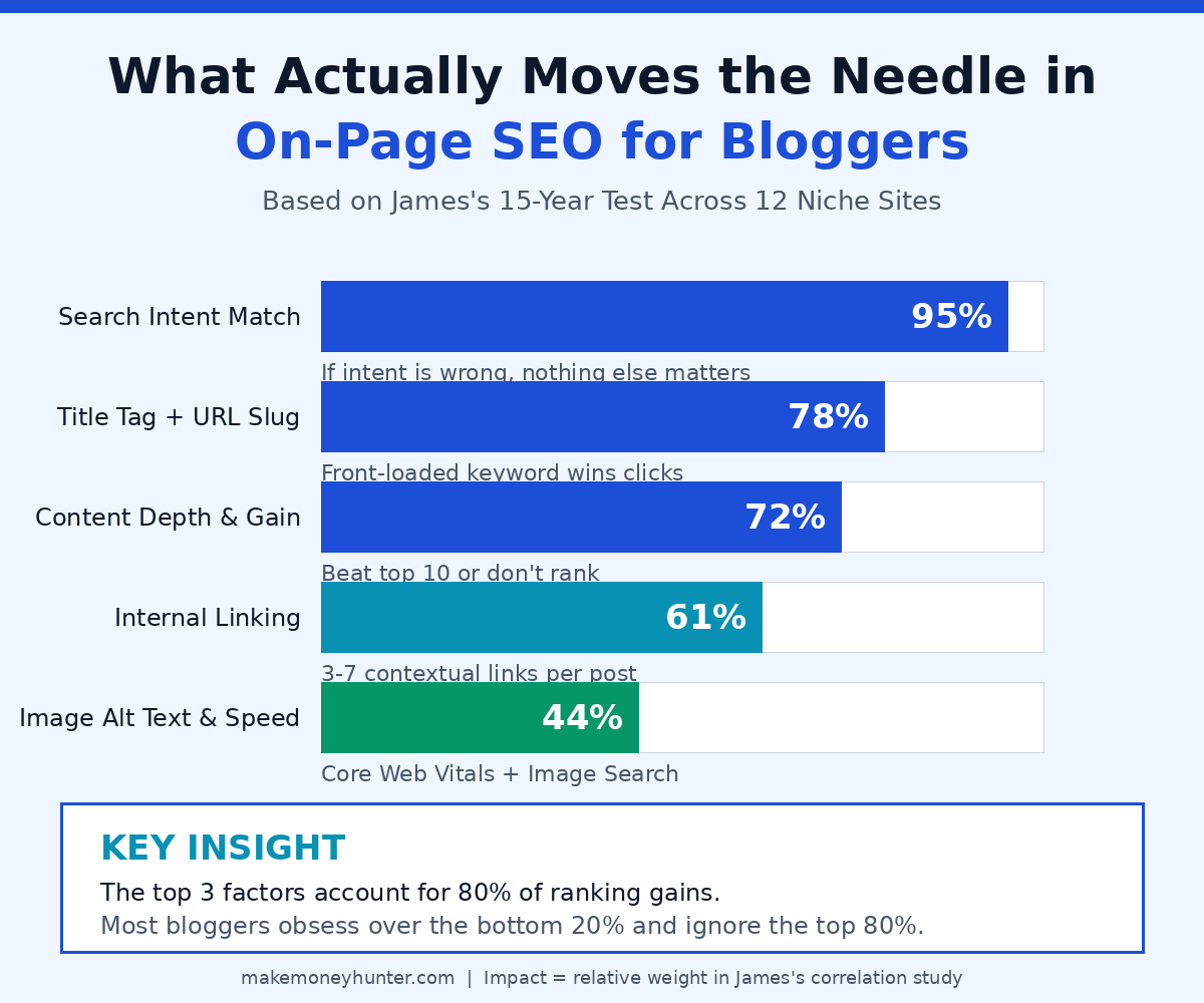 On-page SEO impact factors infographic showing search intent match, title tag, content depth, internal linking, and image alt text ranked by ranking influence for bloggers in 2026