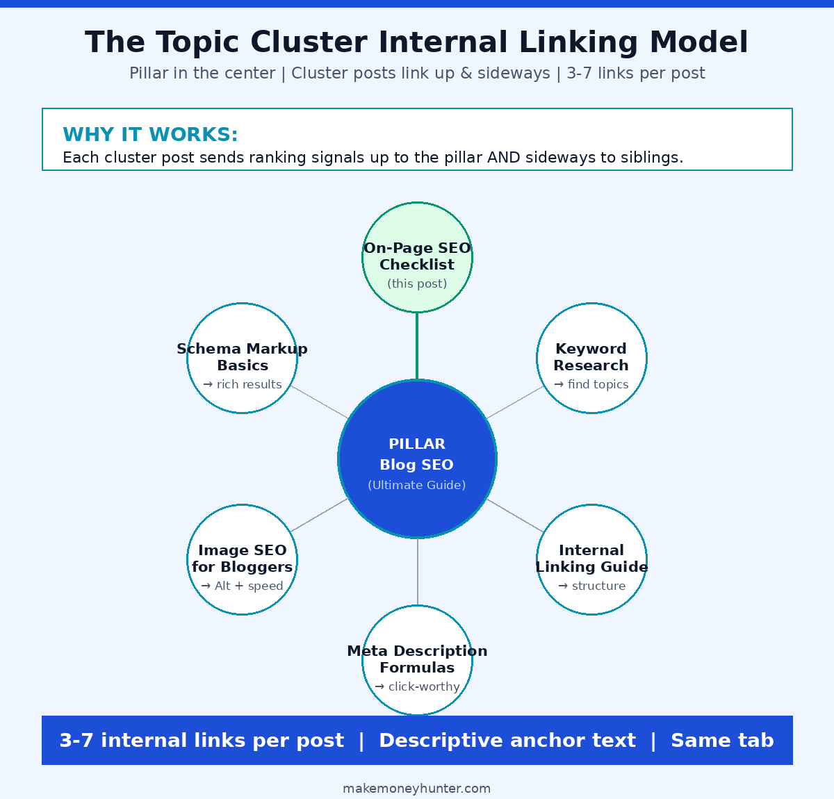 Topic cluster internal linking model diagram showing a blog SEO pillar page in the center connected to cluster posts including this on-page SEO checklist, keyword research, internal linking guide, meta description formulas, image SEO, and schema markup basics