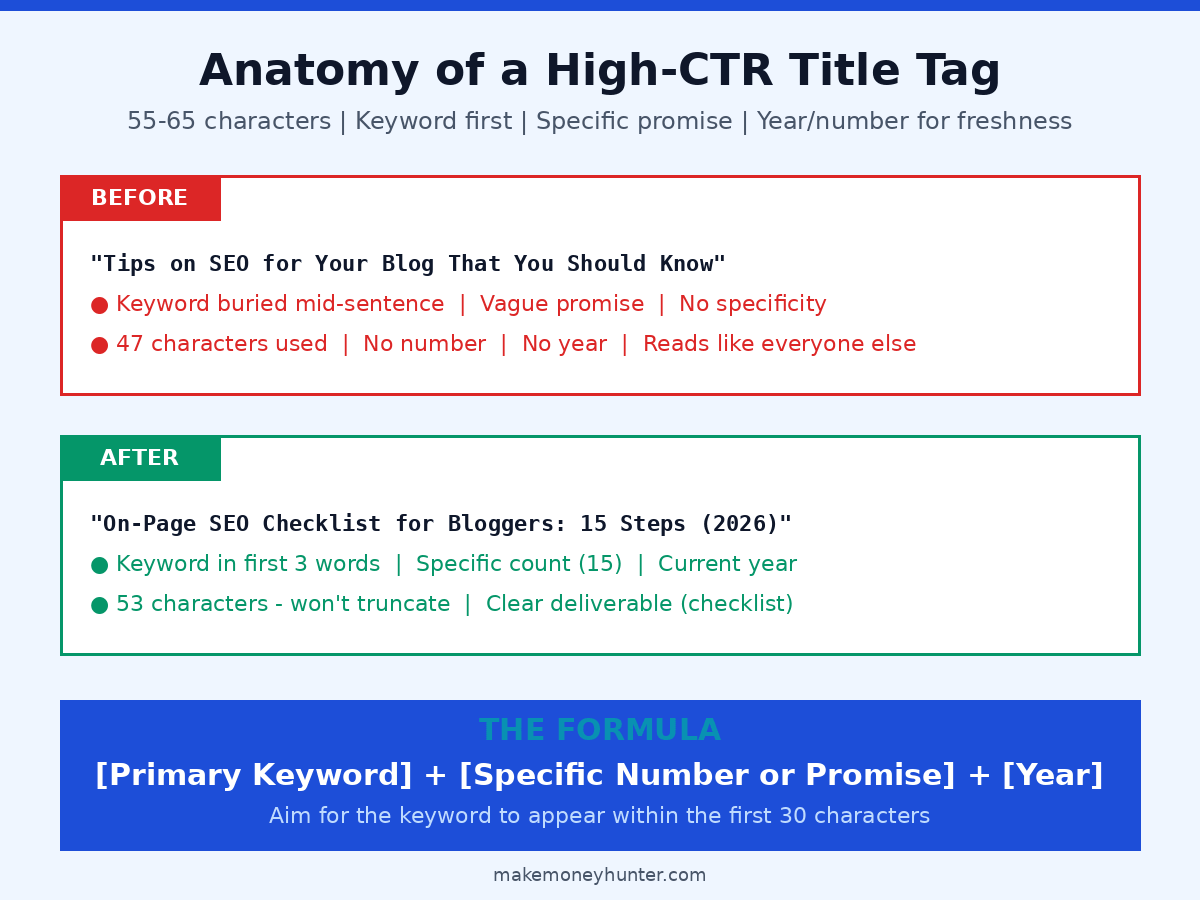 Anatomy of a high-CTR title tag comparing before and after examples with the formula for primary keyword placement, character count, and year specificity