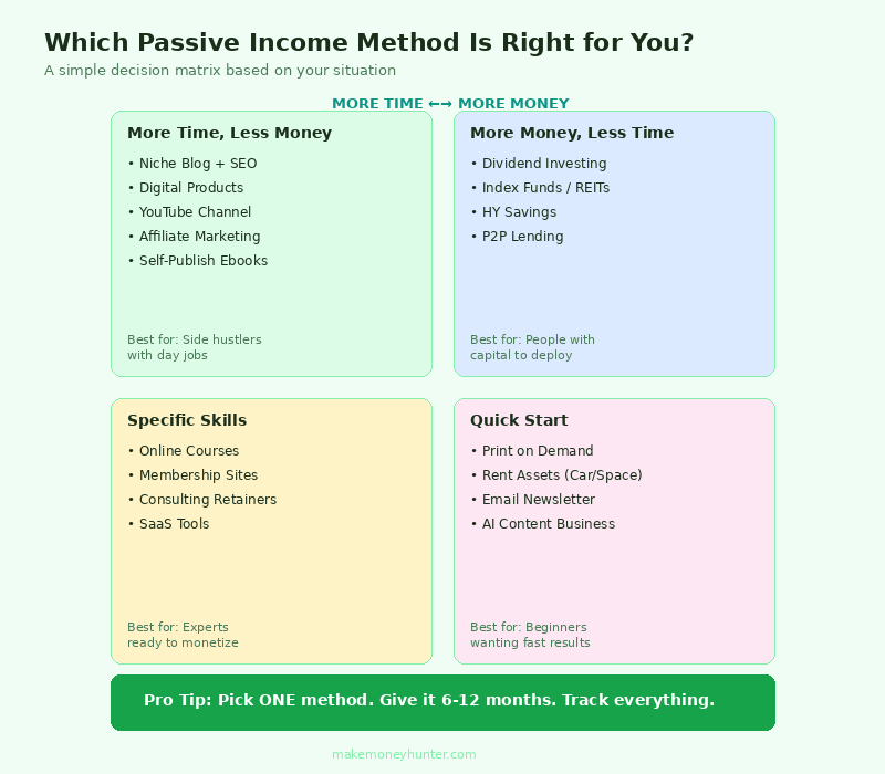 Decision flowchart helping readers choose the best passive income method based on their budget, skills, and time availability