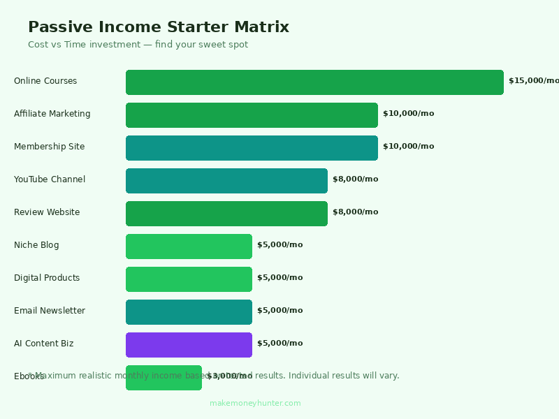 Matrix infographic showing passive income ideas categorized by startup cost (low to high) and time investment (low to high) to help beginners choose