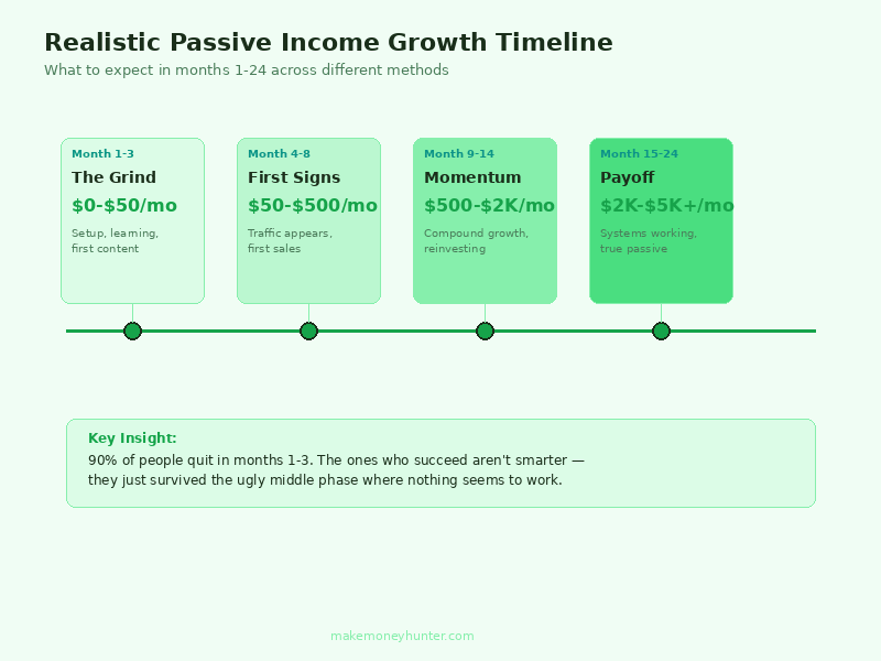 Timeline infographic showing realistic passive income growth trajectory from month 1 to month 24 across different methods