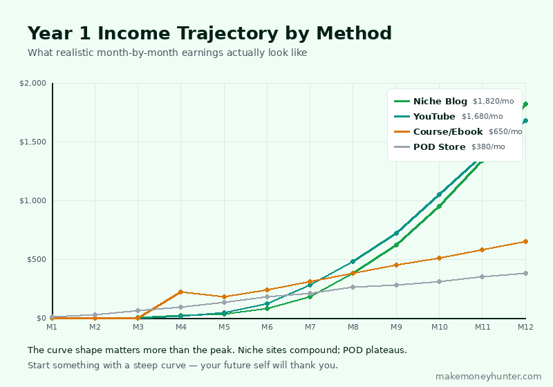 Year one income trajectory comparing niche blog YouTube course and POD store earnings month by month