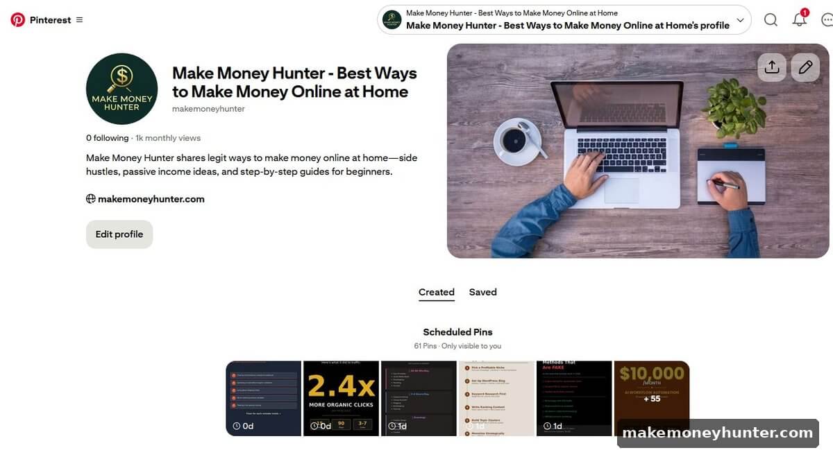 Pinterest business profile setup example for makemoneyhunter showing bio keywords website link and scheduled Pins
