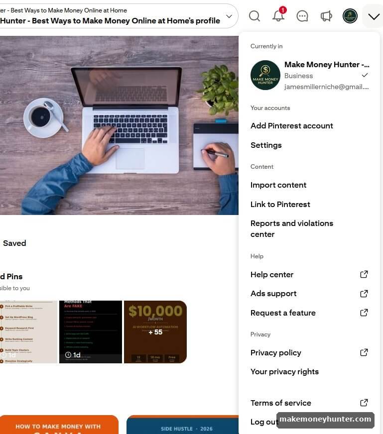Pinterest business account dropdown menu showing the Business label confirming proper account type setup