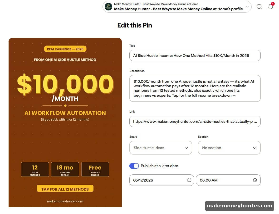 Pinterest Create Pin editor showing real example with title description link to makemoneyhunter.com side hustle ideas board and scheduled publish date