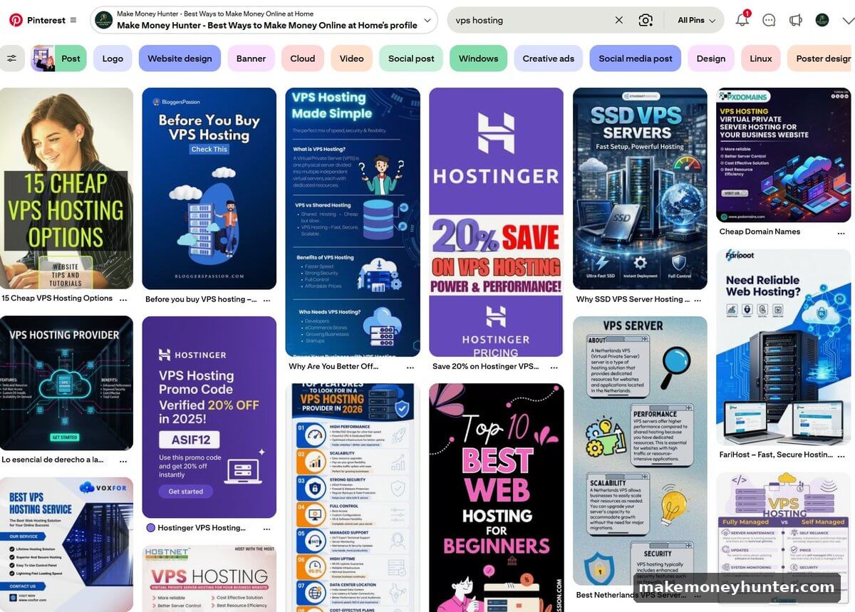 Pinterest search results for vps hosting showing colored filter category tags like Logo Website design Banner Cloud Video Social post Windows and Creative ads