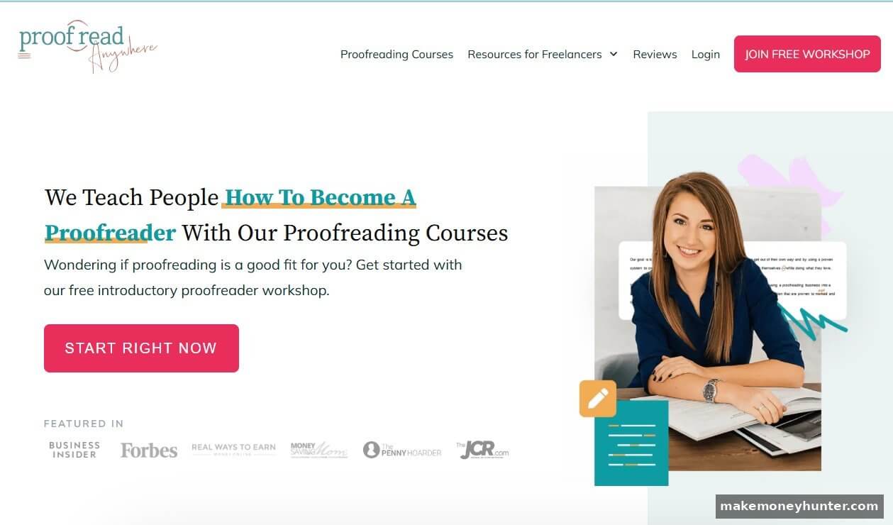 Proofread Anywhere homepage showing free proofreading workshop and featured-in media logos like Forbes and Business Insider