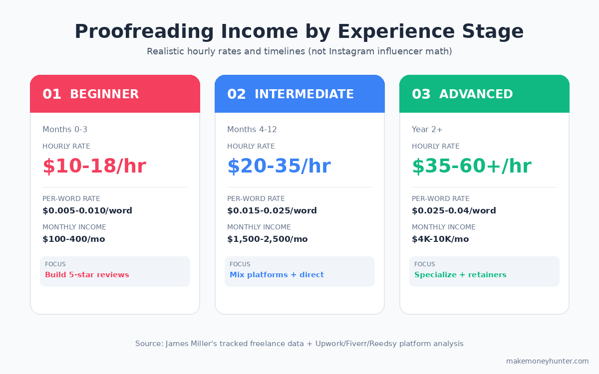 Proofreading income by experience stage: beginner $10-18 per hour, intermediate $20-35, advanced $35-60+