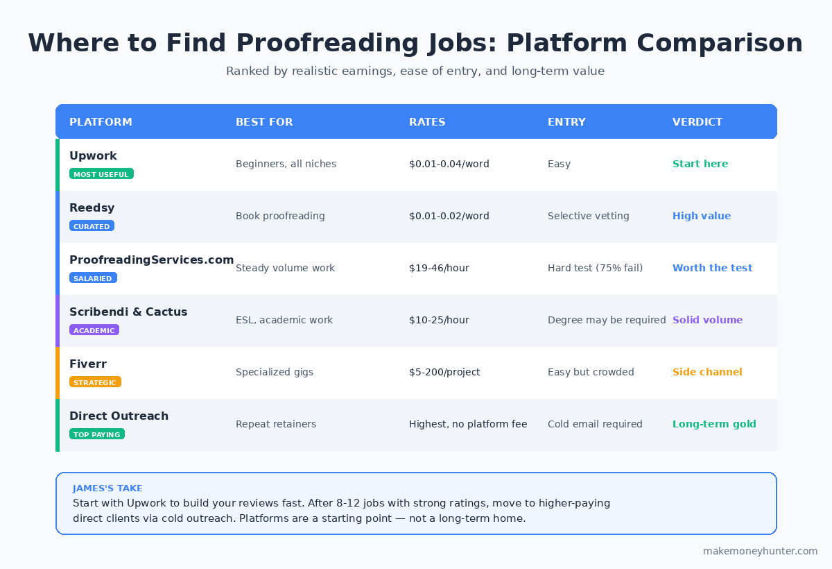 Proofreading job platforms compared: Upwork, Reedsy, ProofreadingServices, Scribendi, Fiverr, direct outreach