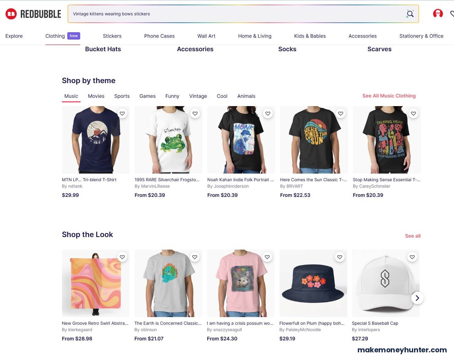 Redbubble print on demand marketplace showing t-shirt designs priced $20 to $30