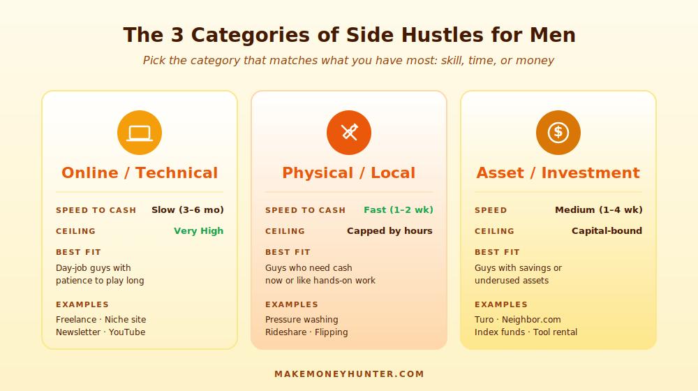 Three categories of side hustles for men: online/technical, physical/local, and asset/investment compared by speed and ceiling