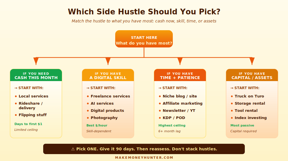 Side hustle decision tree — pick the right side hustle for men based on what you have most: cash needs, digital skill, time, or capital
