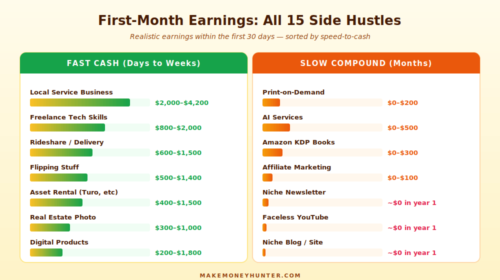 First-month earnings of all 15 side hustles for men, split into fast cash vs slow compound categories